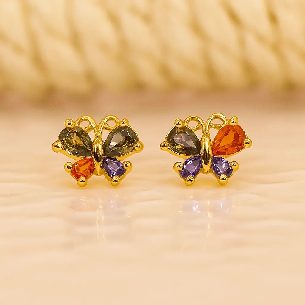 Colorful Butterfly Earrings with Gemstone Wings and Gold Finish 