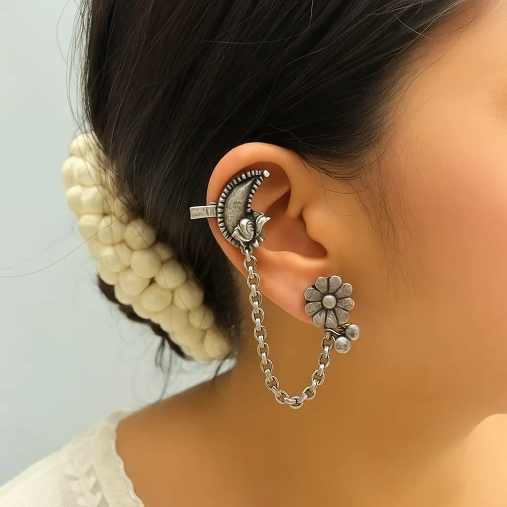 Floral Ear Cuff with Moon Charm and Chain Link 