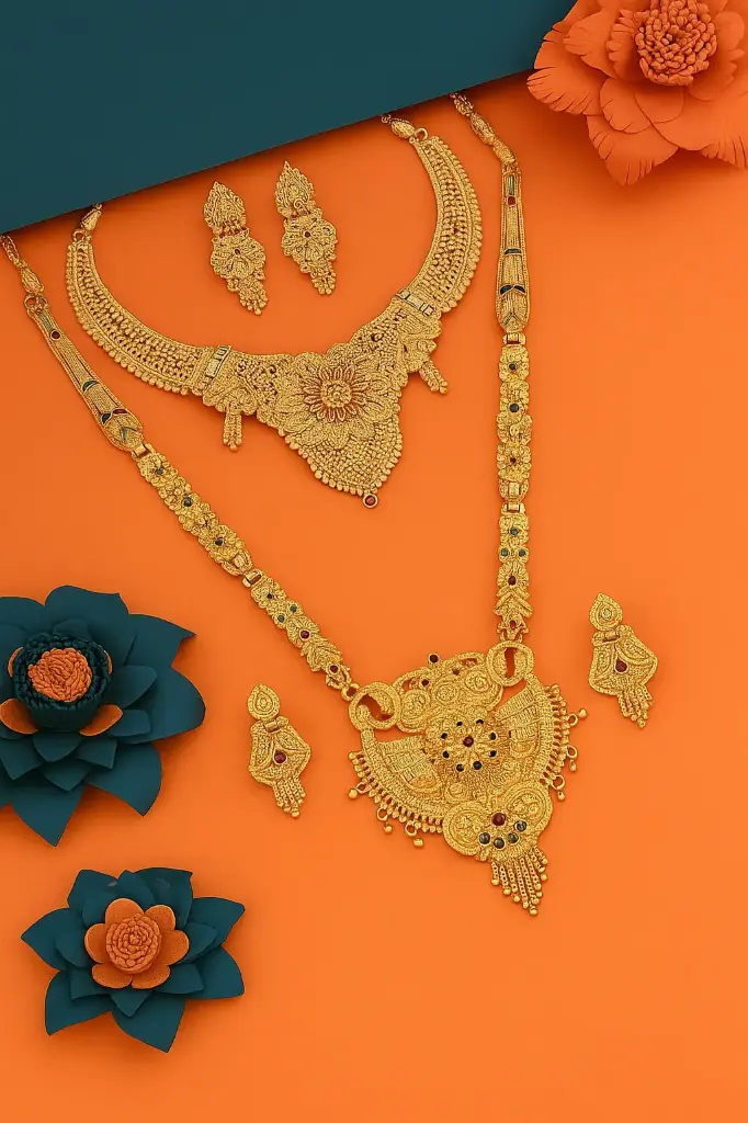 Divisjewel Traditional Gold Necklace Set with Floral Motifs and Earrings