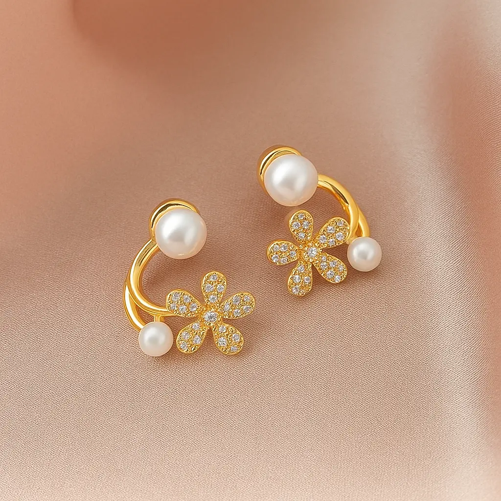 Floral Pearl Drop Earrings with Diamond-Studded Gold Finish 