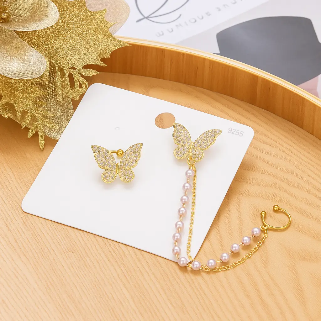 Dual Butterfly Stud and Chain Earring with Pearl Detail 