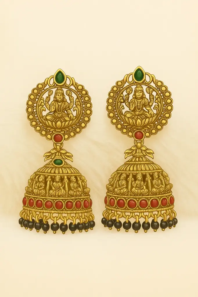 Temple Jhumka Earrings with Deity Motif and Black Beads