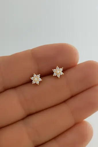 [PRD0021] Diamond Floral Stud Earrings with Gold-Colour Finish Elegance 