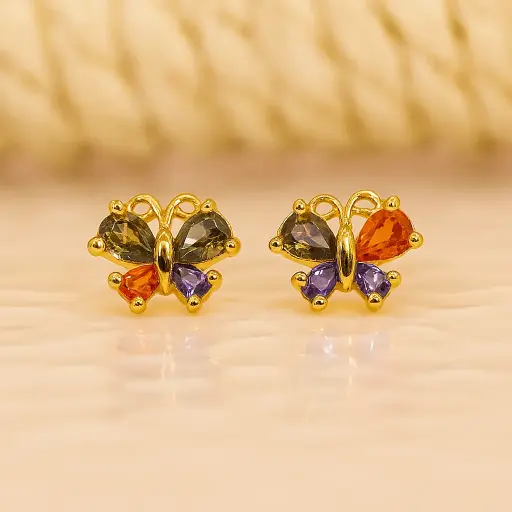 [PRD0022] Colorful Butterfly Earrings with Gemstone Wings and Gold Finish 
