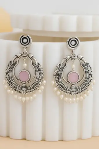 [PRD0024] Silver Earrings with Pink Stone and Pearl Accents
