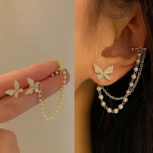 [PRD0035] Butterfly Pearl Chain Earrings with Sparkling Stone Detail 