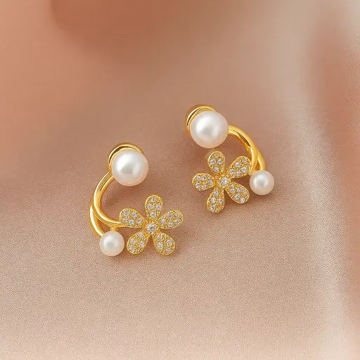 [PRD0036] Floral Pearl Drop Earrings with Diamond-Studded Gold Finish 
