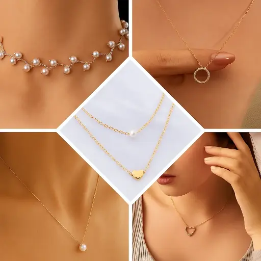 [PRD0038]  Layered Necklace Set with Pearl, Heart, and Circle Charms 