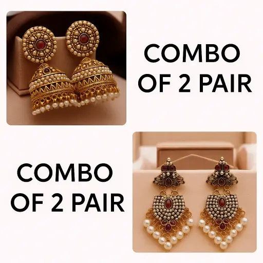[PRD0039] Divisjewel Combo Set of Two Gold Earrings with Red Stones and Pearls