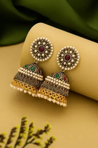 [PRD0040] Gold Jhumka Earrings with Red and Green Stone Accents 