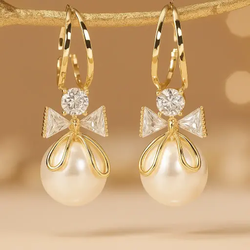 [PRD0045] Divisjewel Diamond-Top Pearl Drop Earrings with Gold Floral Setting 