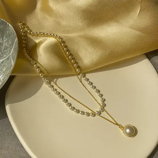 [PRD0048] Twin-Strand Pearl Necklace with Gold Chain and Solitaire Pendant