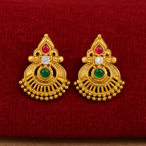[PRD0051] Tricolor Stud Earrings with Red, White, and Green Gemstones 