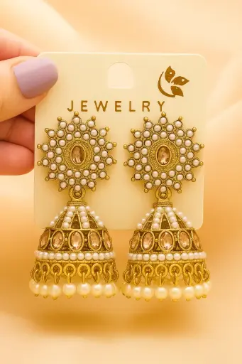 [PRD0054] Kundan Jhumka Earrings with Pearl Fringe and Green Stones