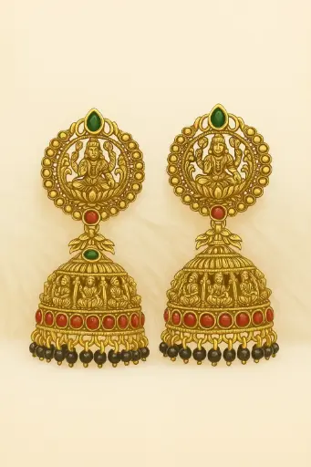 [PRD0055] Temple Jhumka Earrings with Deity Motif and Black Beads